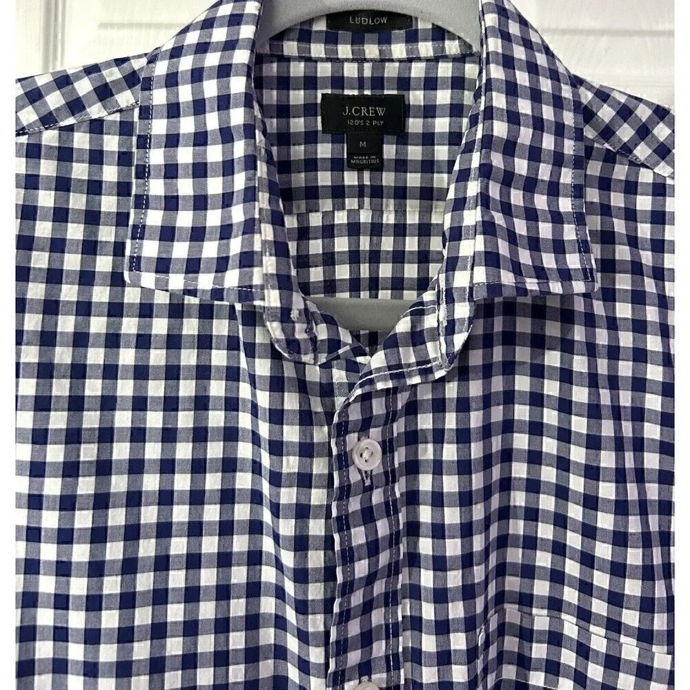 J Crew Ludlow Mens M Gingham Plaid Long Sleeve Shirt Blue White Preppy Old Money